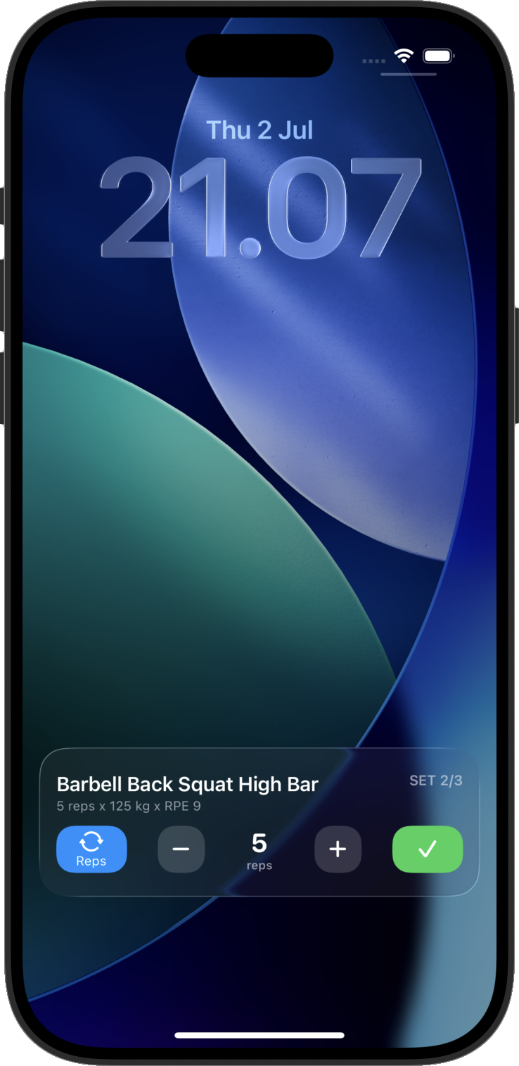 Gym Log Live Activity on the iPhone Lock Screen with workout controls and rest timer