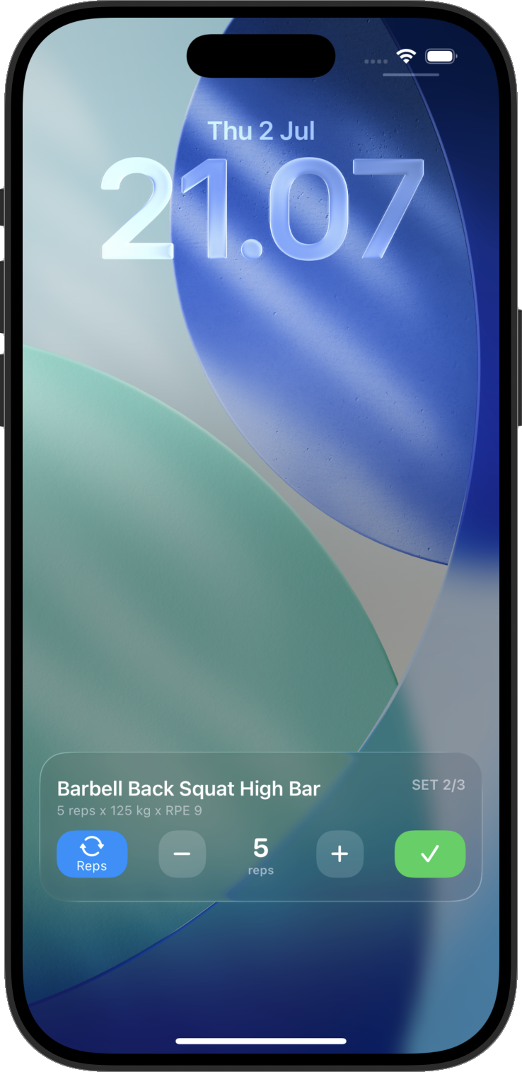 Gym Log Live Activity on the iPhone Lock Screen with workout controls and rest timer