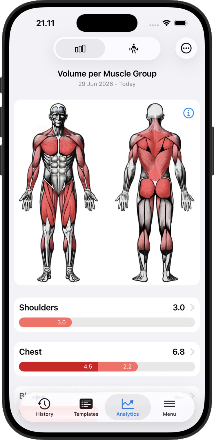 Gym Log muscle map showing training volume by muscle group