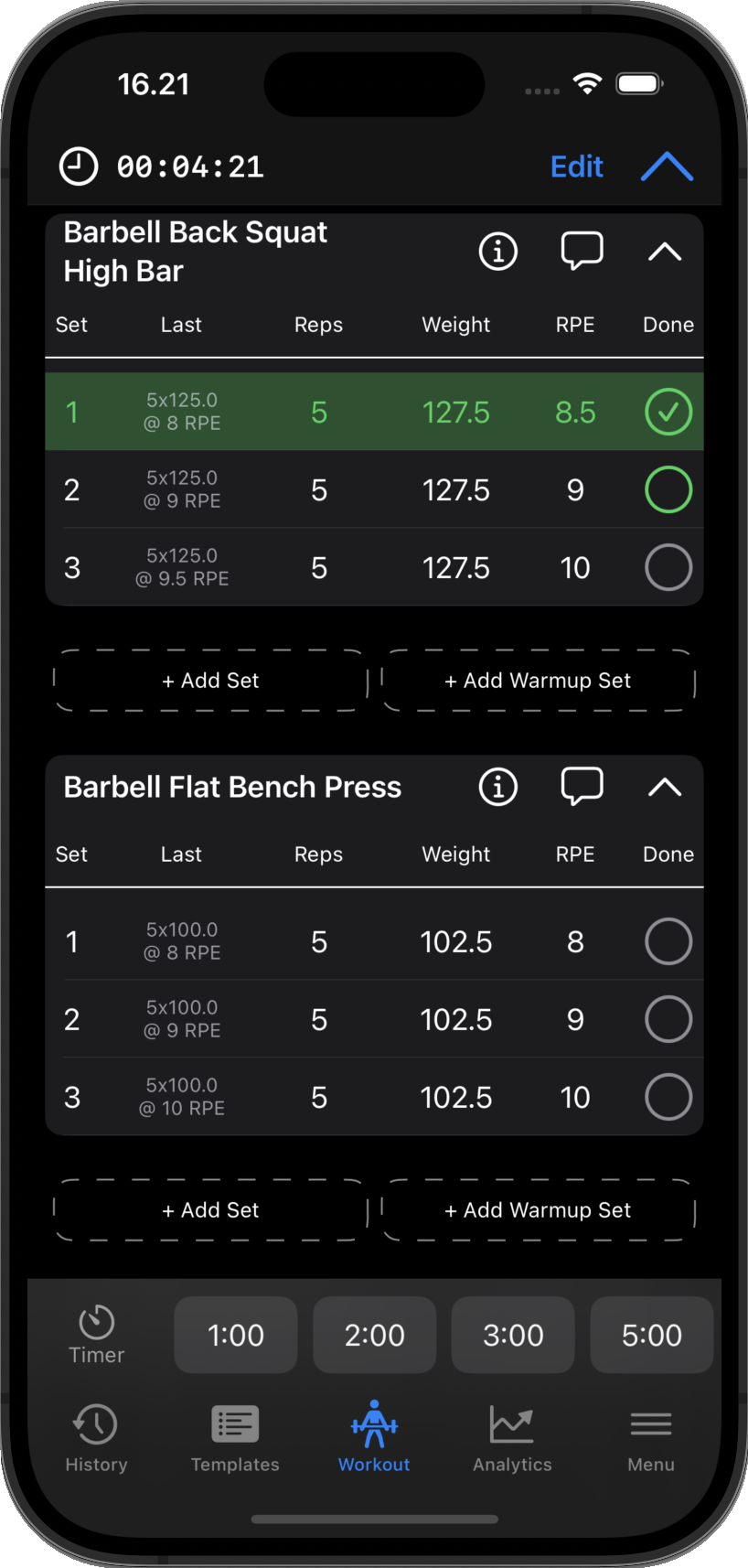 GymLog current workout screen