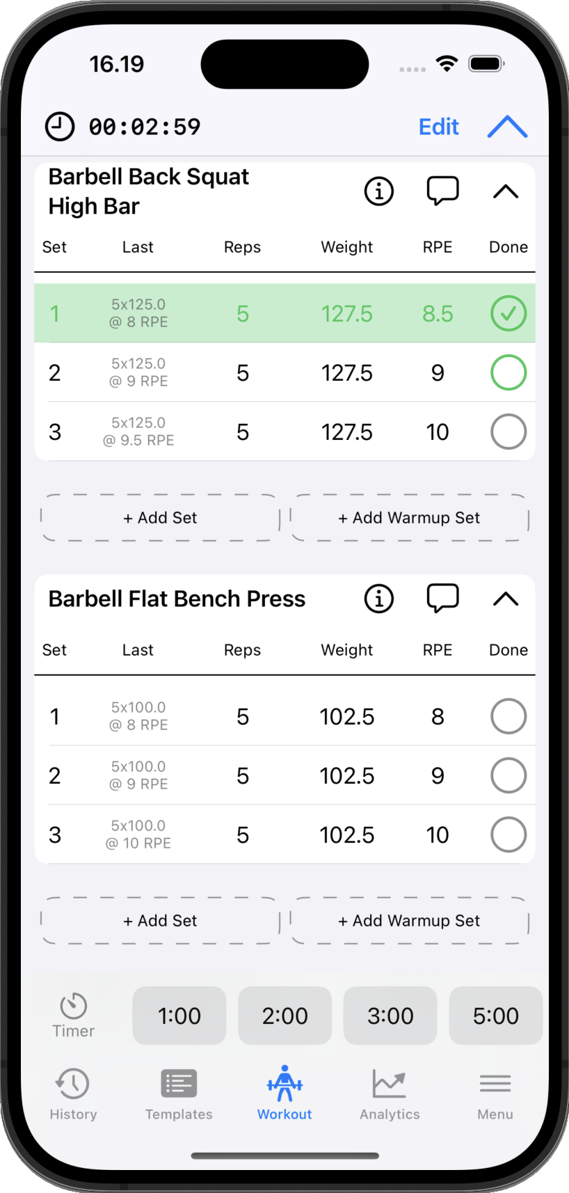 GymLog current workout screen