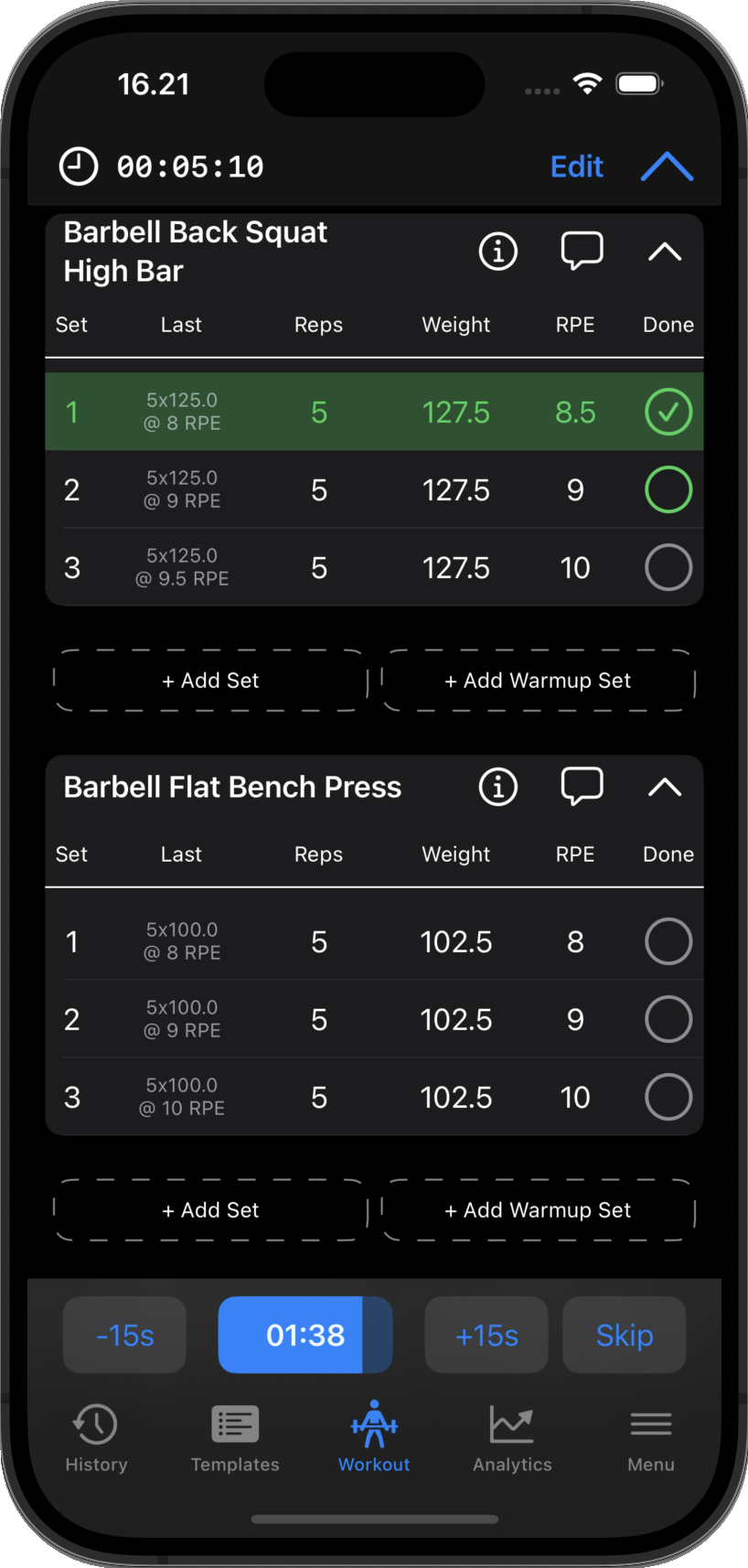 GymLog workout screen showing planned sets, RPE, completed set state, and rest timer