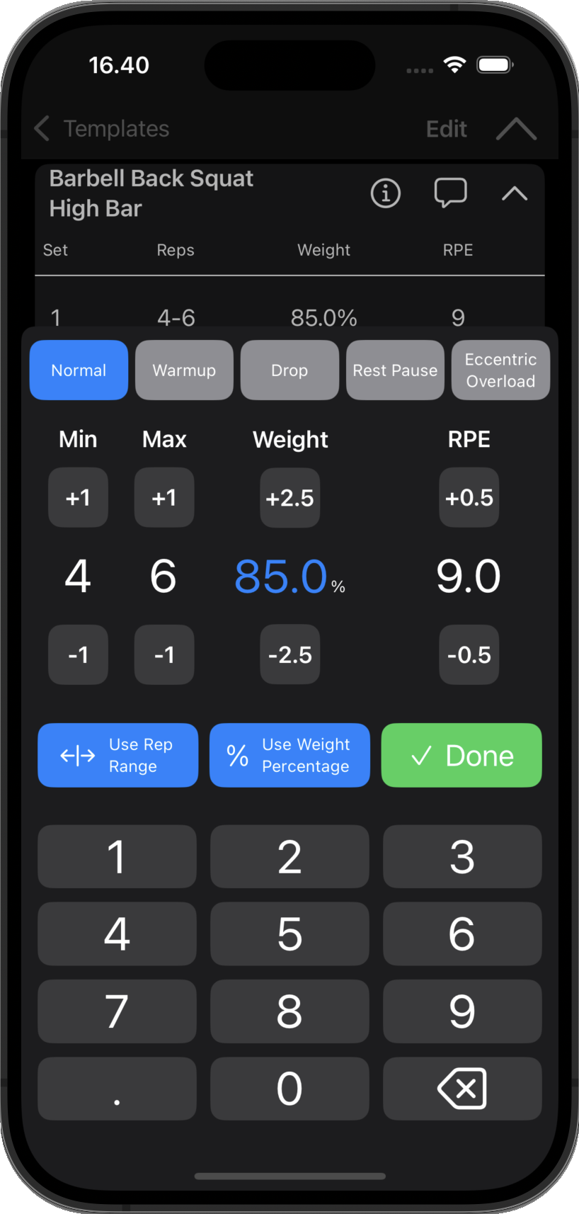 GymLog quick entry sheet with custom keyboard