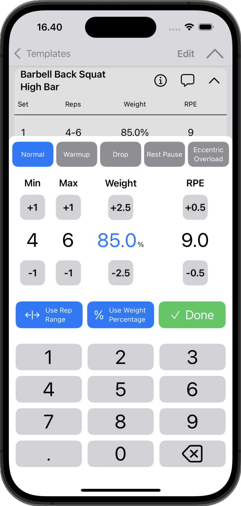GymLog quick entry sheet with custom keyboard