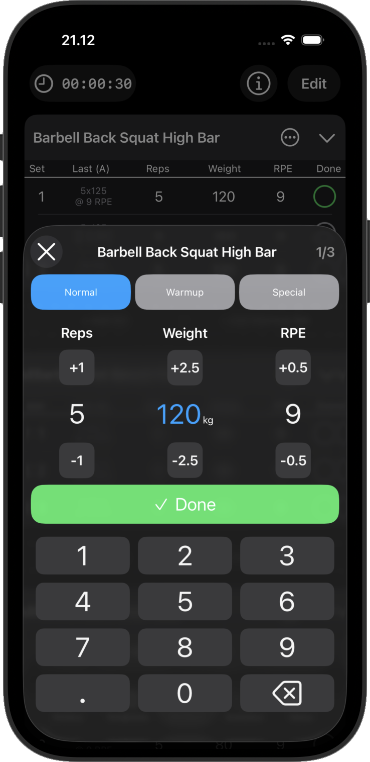Gym Log quick input pad for changing repetitions, weight, and RPE