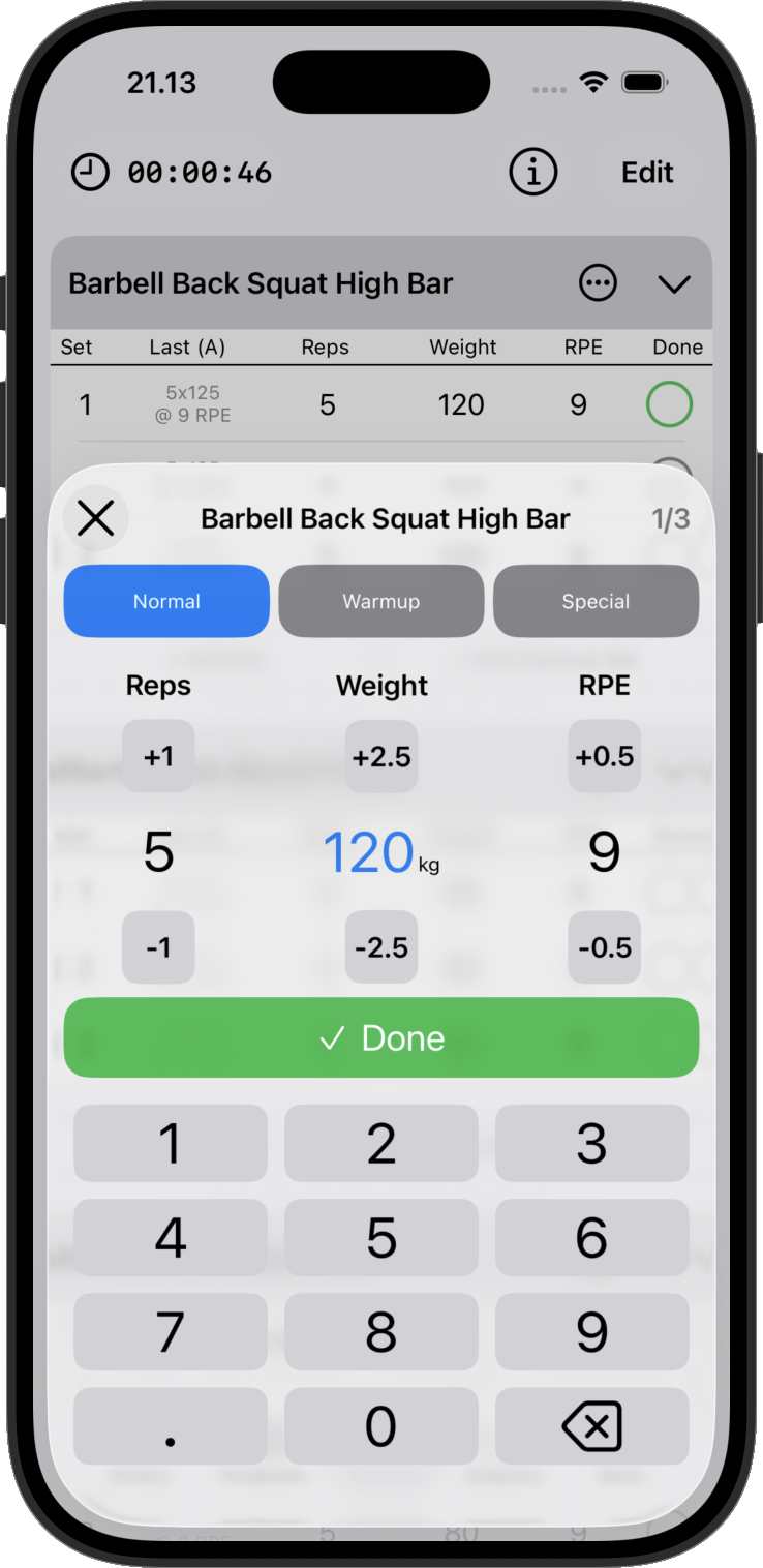Gym Log quick input pad for changing repetitions, weight, and RPE