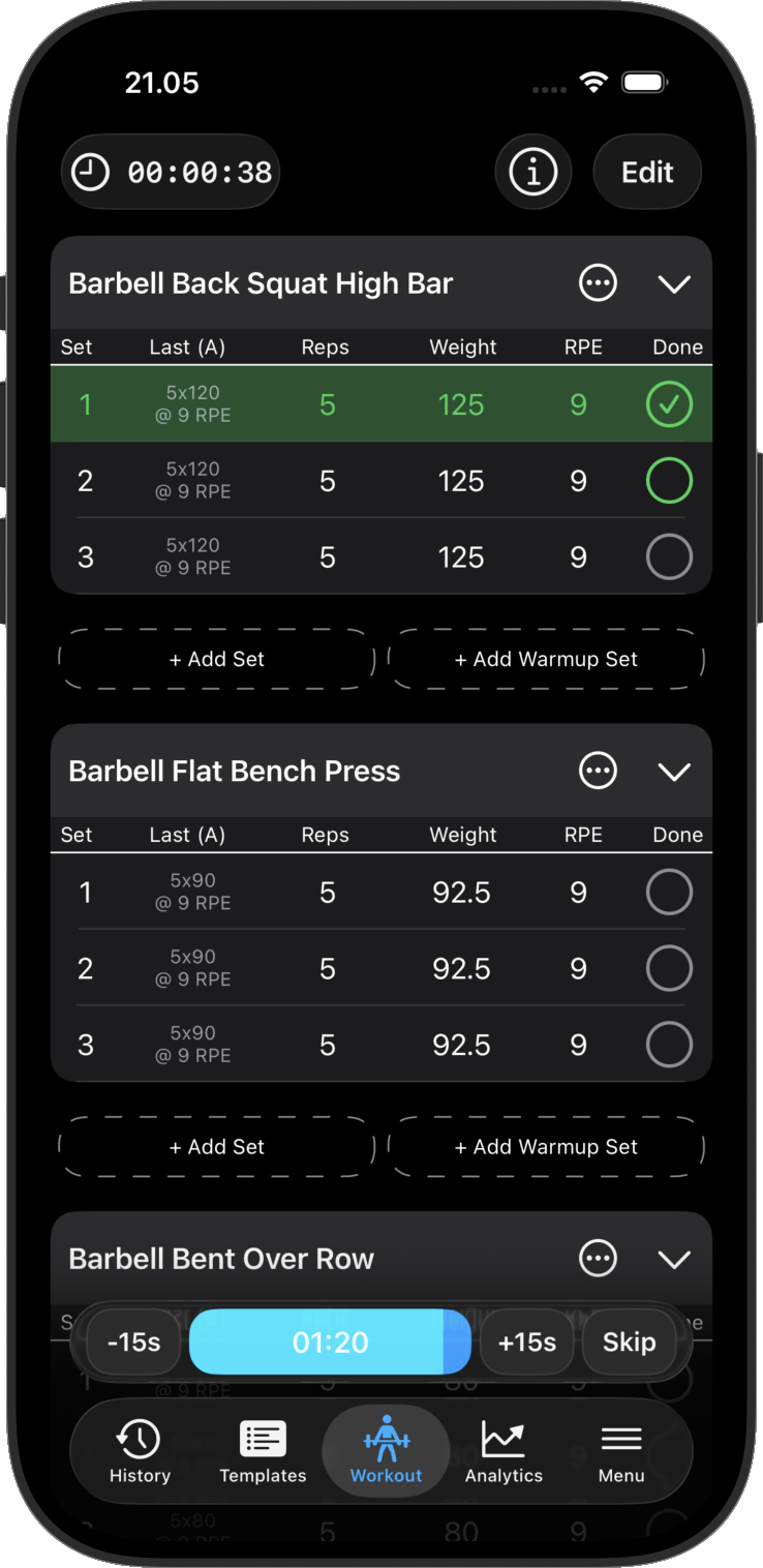 Gym Log workout screen showing planned sets, RPE, completed set state, and rest timer